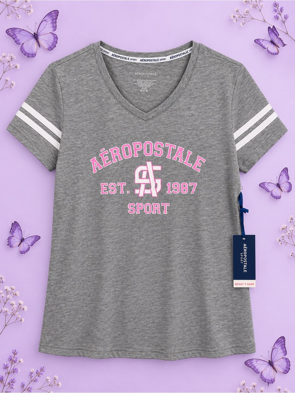 Aeropostale Gray V-Neck Tee with Pink Athletic Logo